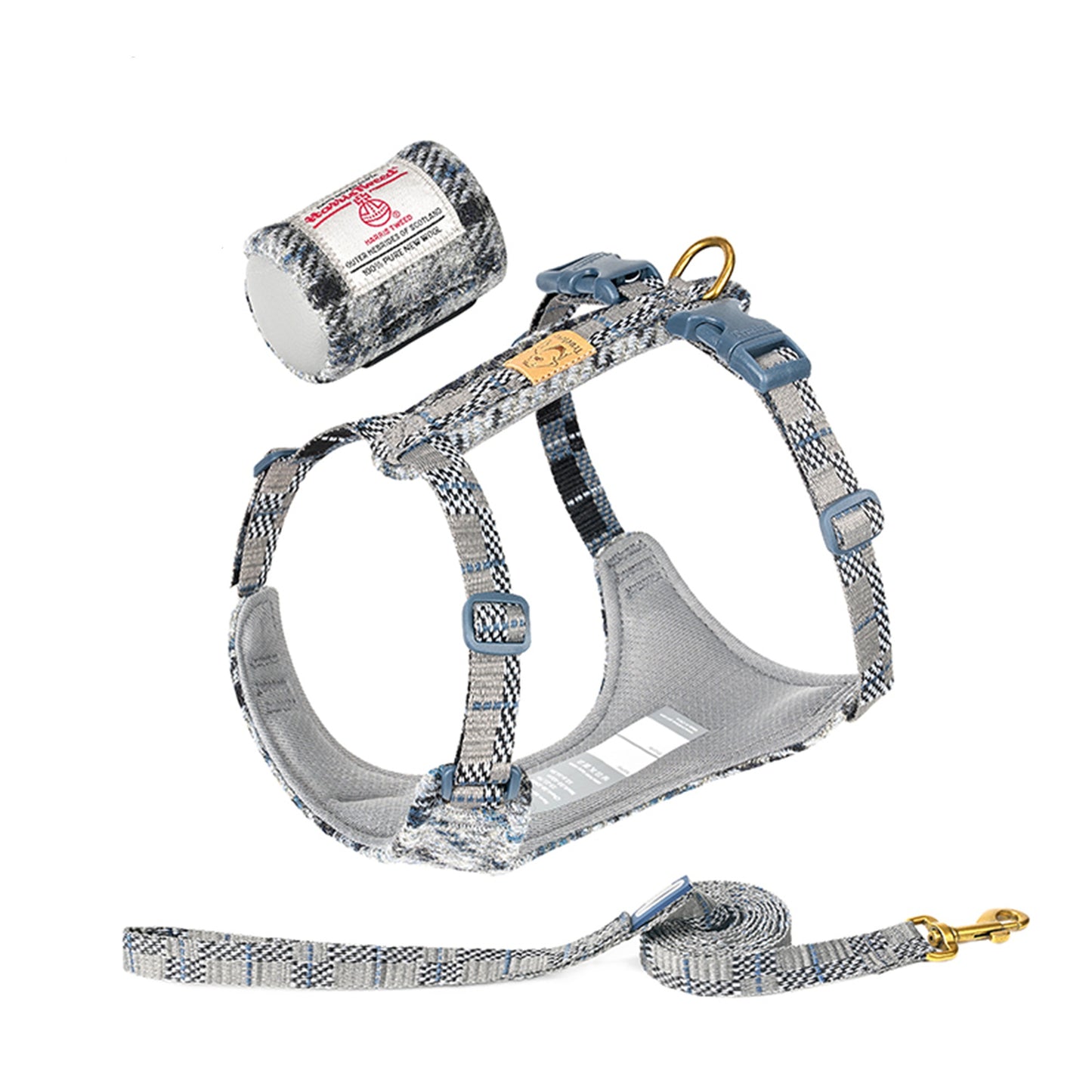 Harris Tweed Harness, Leash, & Poop Bag Dispenser Combo