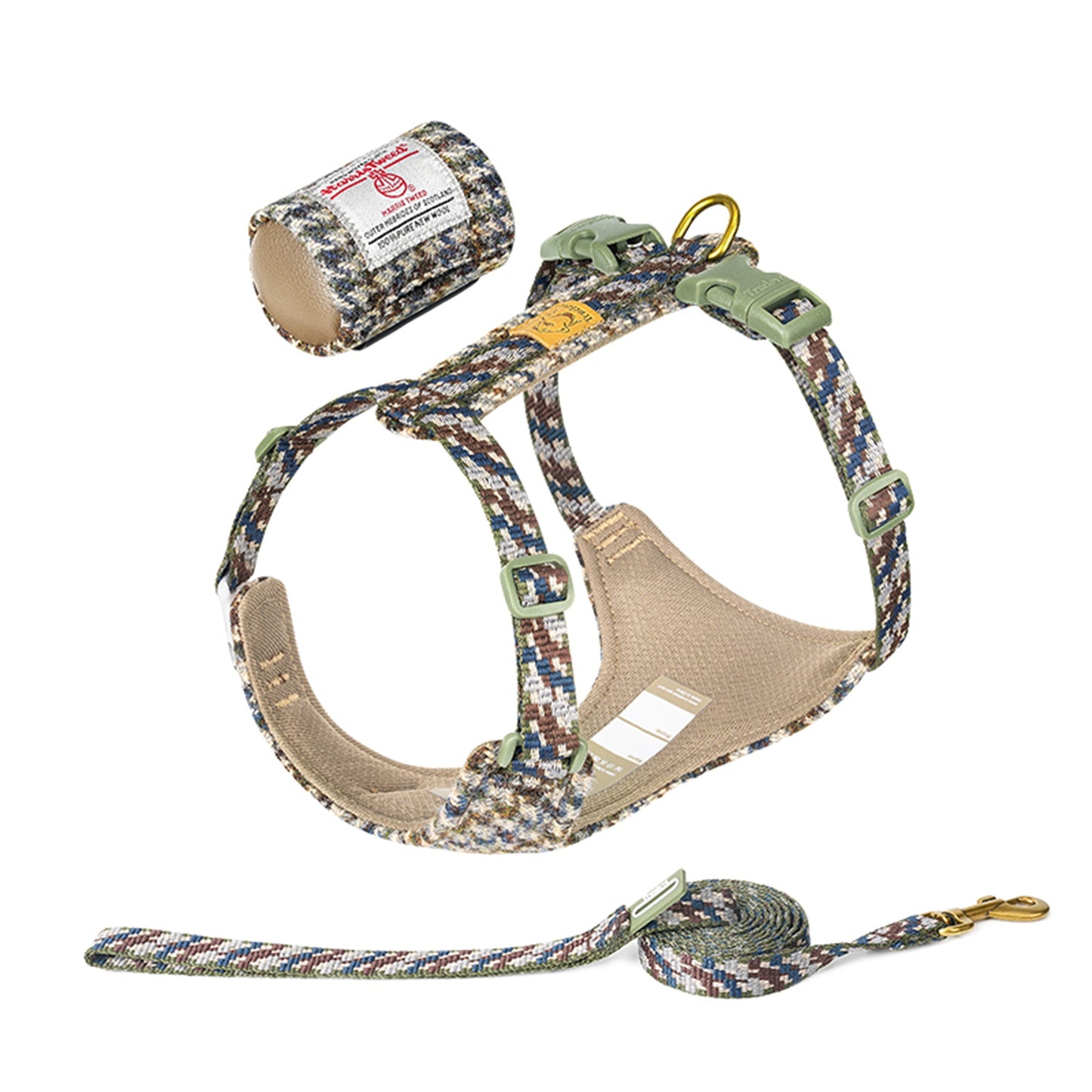 Harris Tweed Harness, Leash, & Poop Bag Dispenser Combo