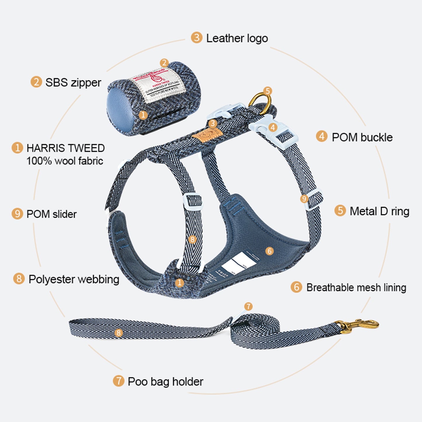 Harris Tweed Harness, Leash, & Poop Bag Dispenser Combo