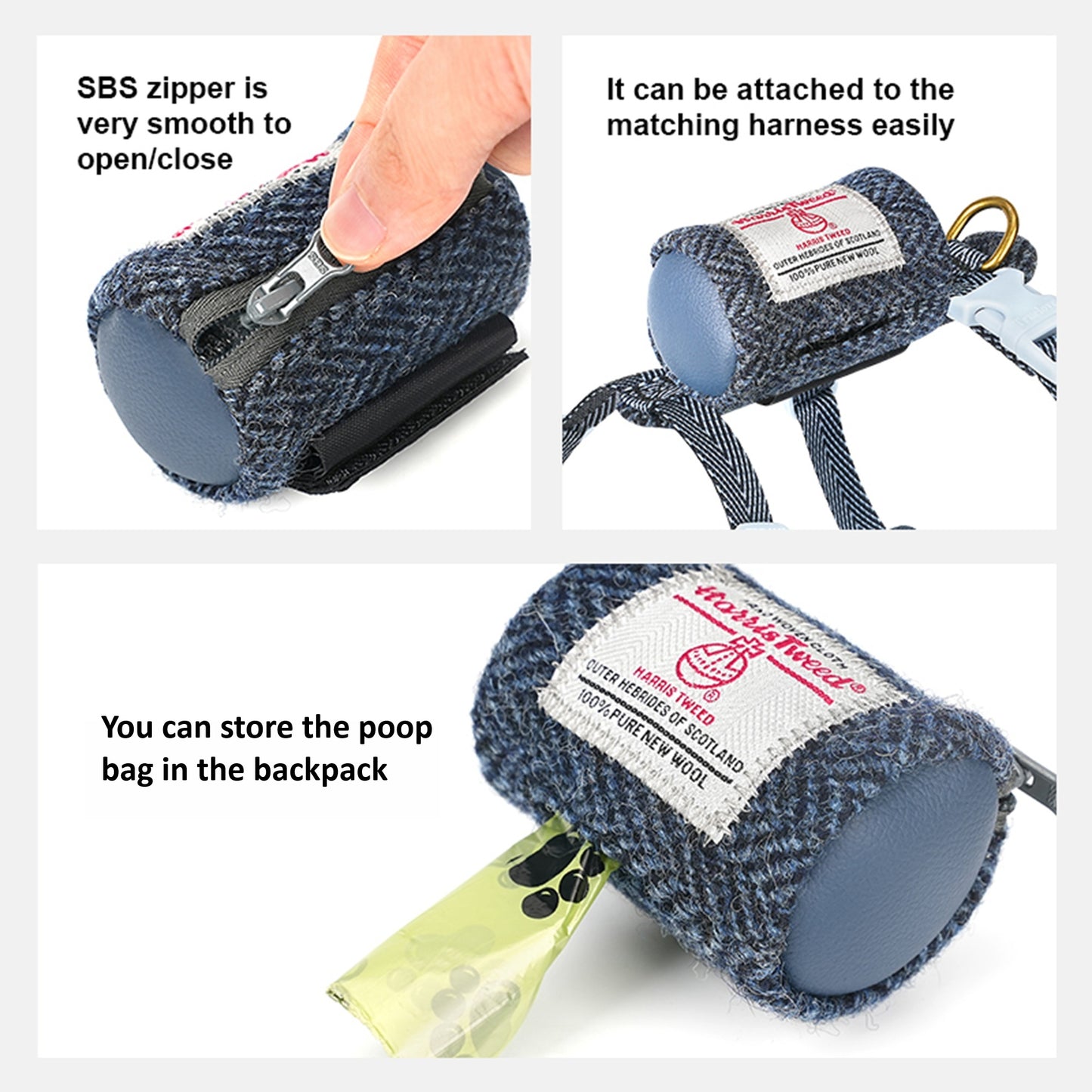 Harris Tweed Harness, Leash, & Poop Bag Dispenser Combo